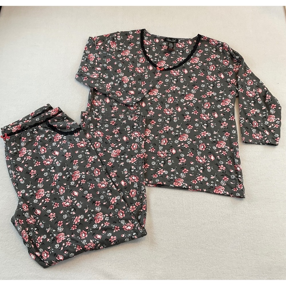 Rene Rofe Sleepwear Womens XL Pajama Set Gray Pink Floral Lace Trim 2 Piece